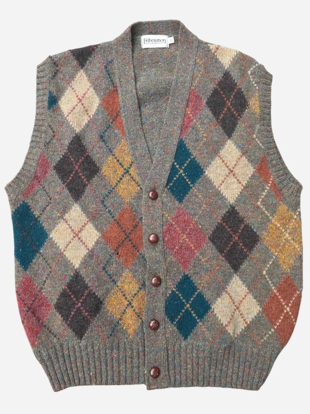 Fisherman Out of Ireland Wool Argyle Cardigan Vest - Large